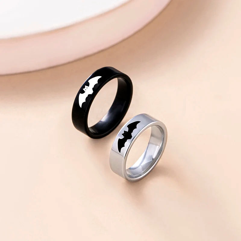 Punk Black Silver Bat Couple Rings