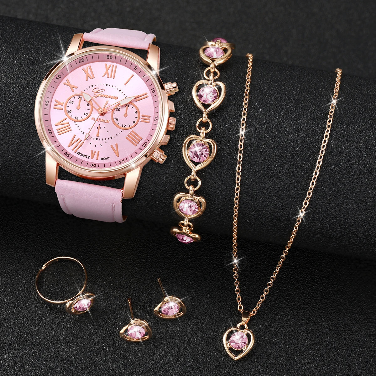 Montre-bracelet en strass avec bague, collier et boucles d'oreilles assorties pour femme 