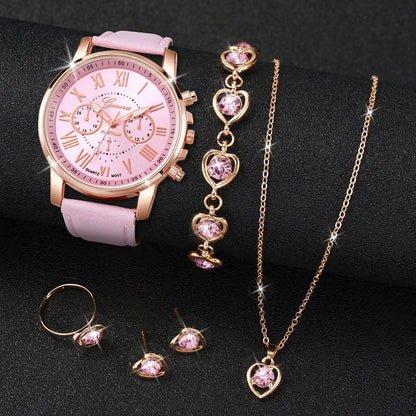 Montre-bracelet en strass avec bague, collier et boucles d'oreilles assorties pour femme 