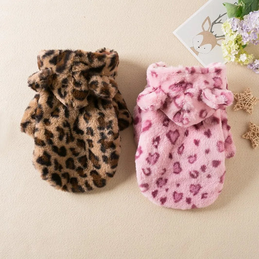 Autumn Winter Warm Fleece Dog Hoodie Leopard Coat