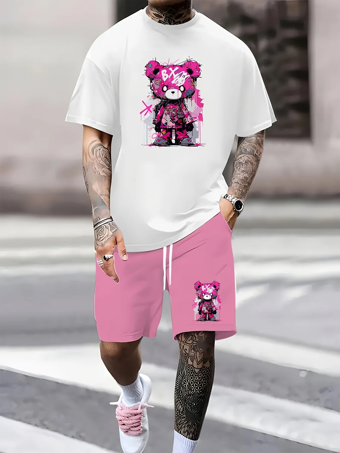 Survêtement d'été à manches courtes pour homme avec imprimé ours
