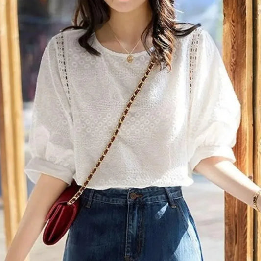 Blouses décontractées à col rond en dentelle de coton brodée d'été