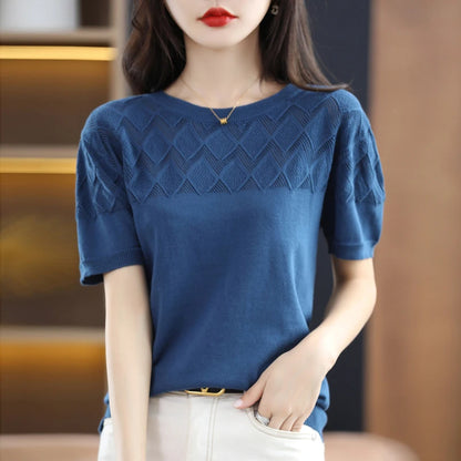 Summer Thin O-Neck Short Sleeve 100% Cotton Blouse