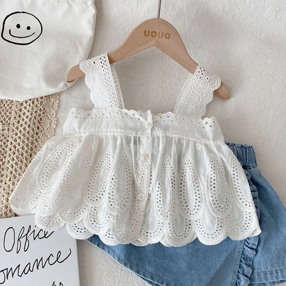 Kid's Lace Halter Seleveless Elastic Waist Denim Shorts Set