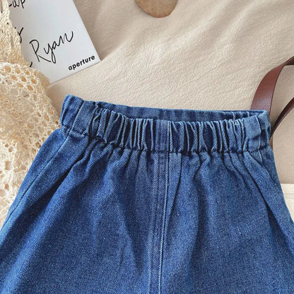 Kid's Lace Halter Seleveless Elastic Waist Denim Shorts Set