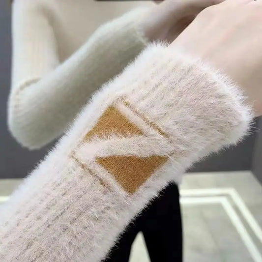 Pull col montant en tricot de vison et velours pour femme