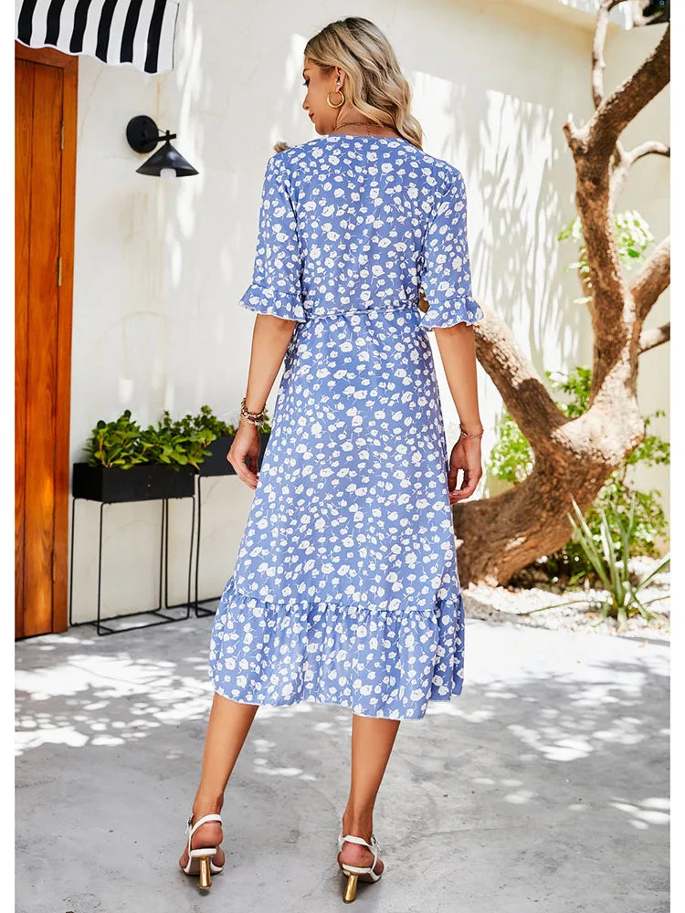 Boho Floral Ruffle Midi Maxi Dress