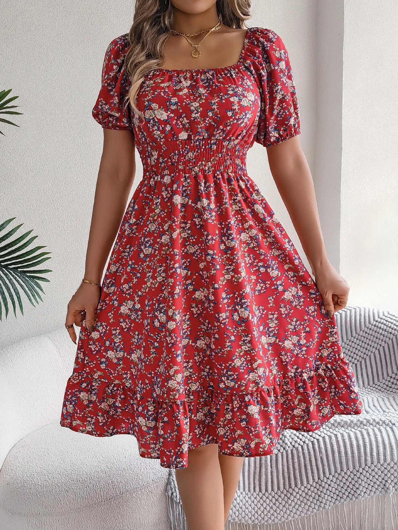 Women's Short Sleeve Floral Print Square Neck Ruffled Edge Dresses