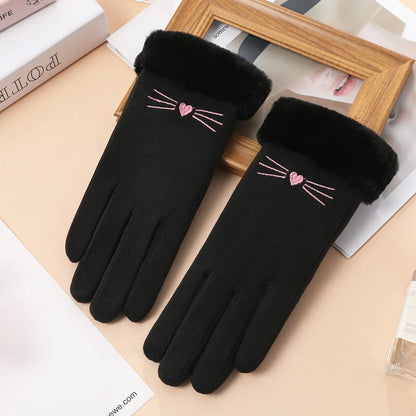 Cat Embroidery Touch Screen Suede Gloves