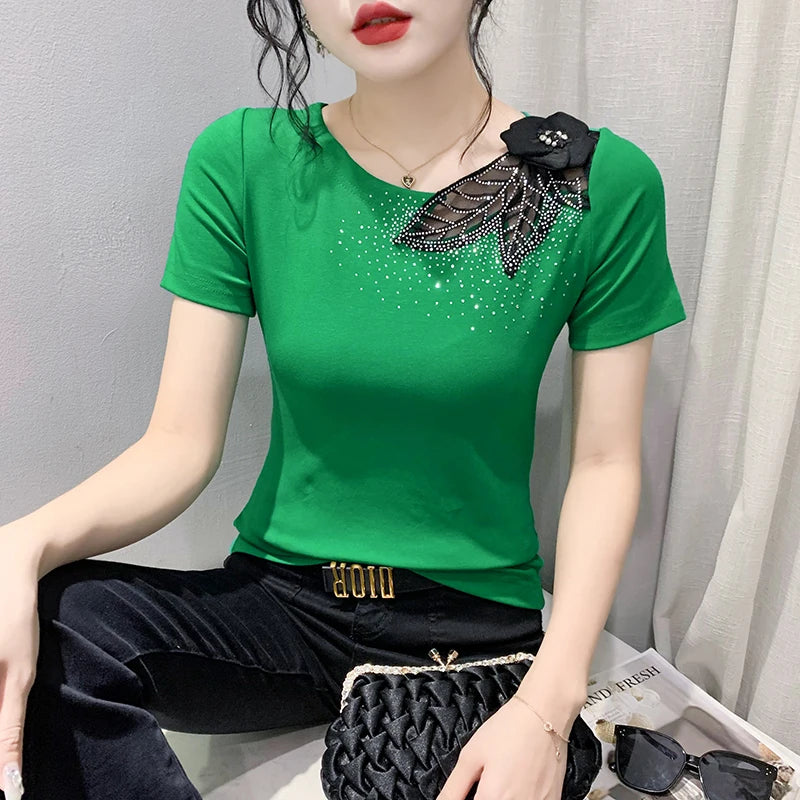 Beaded Flower Patchwork Cotton T-Shirt