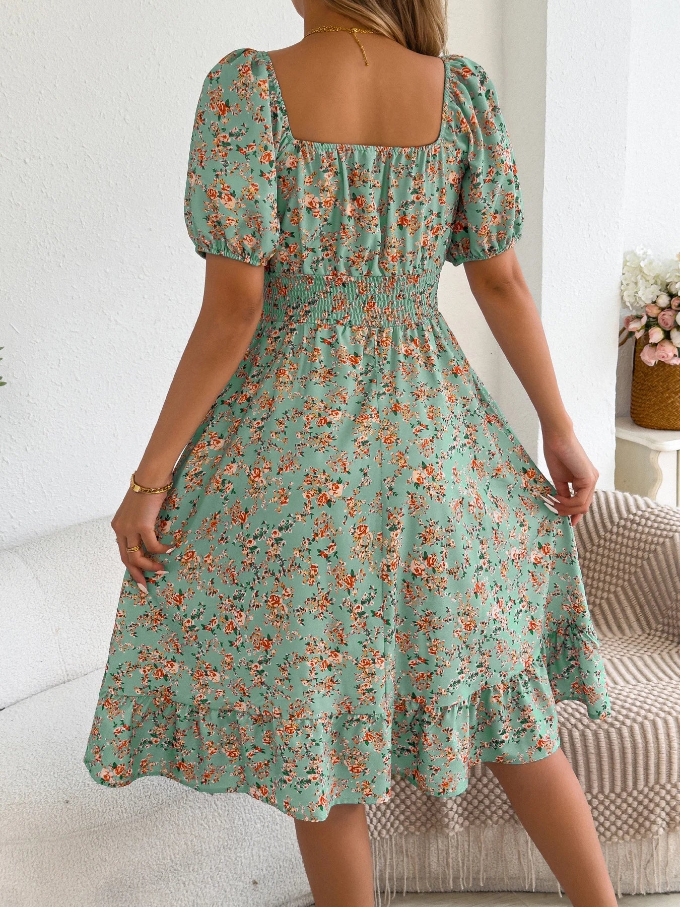 Women's Short Sleeve Floral Print Square Neck Ruffled Edge Dresses