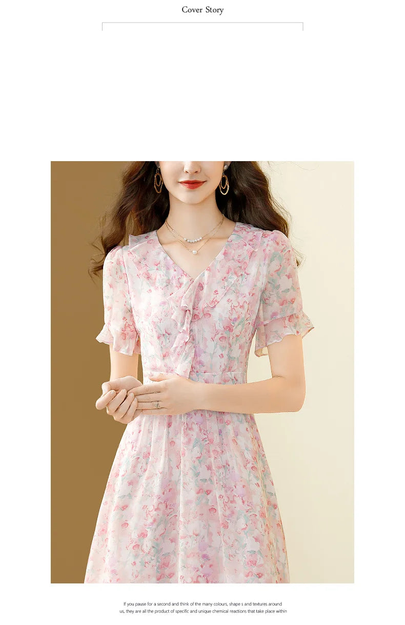 Floral Chiffon V-Neck A-line Dress