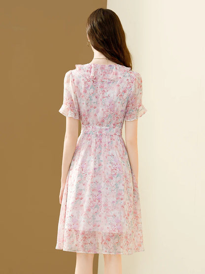 Floral Chiffon V-Neck A-line Dress