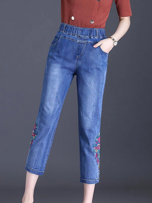 High Waist Embroidered Denim Capris Pants