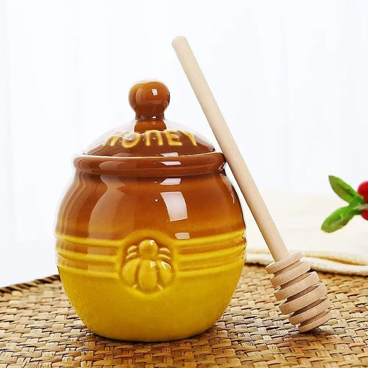 Creative Cartoon Pattern Wooden Stirring Stick Vintage Ceramic Honey Jars