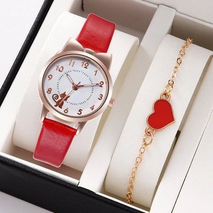 Women's PU Leather Strap Cute Cartoon Quartz Watches Jewlery Set