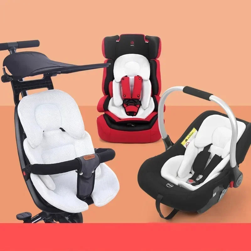Three different styles of child car seats on a peach background