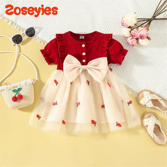 Baby-Mädchen-Kleidung – kurzärmliges Netzkleid aus Baumwolle in Rot