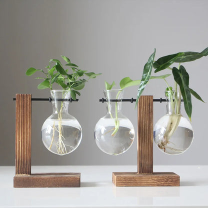 Glas-Pflanzgefäß, Blumenvase, Holzständer, Tischplatte