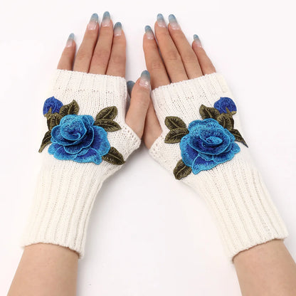 Winter Knitted Wool Flower Gloves