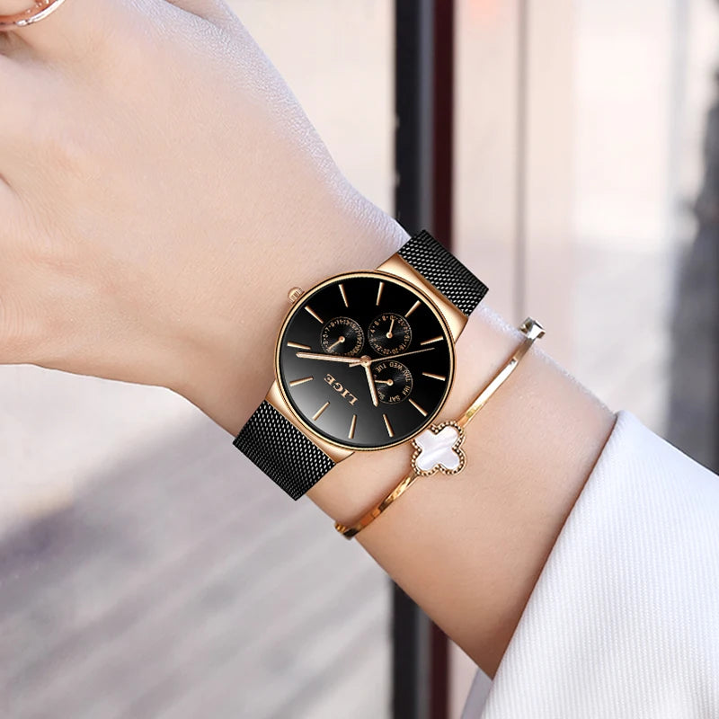 Damen-Armbanduhr mit goldenem Armband und Quarzwerk