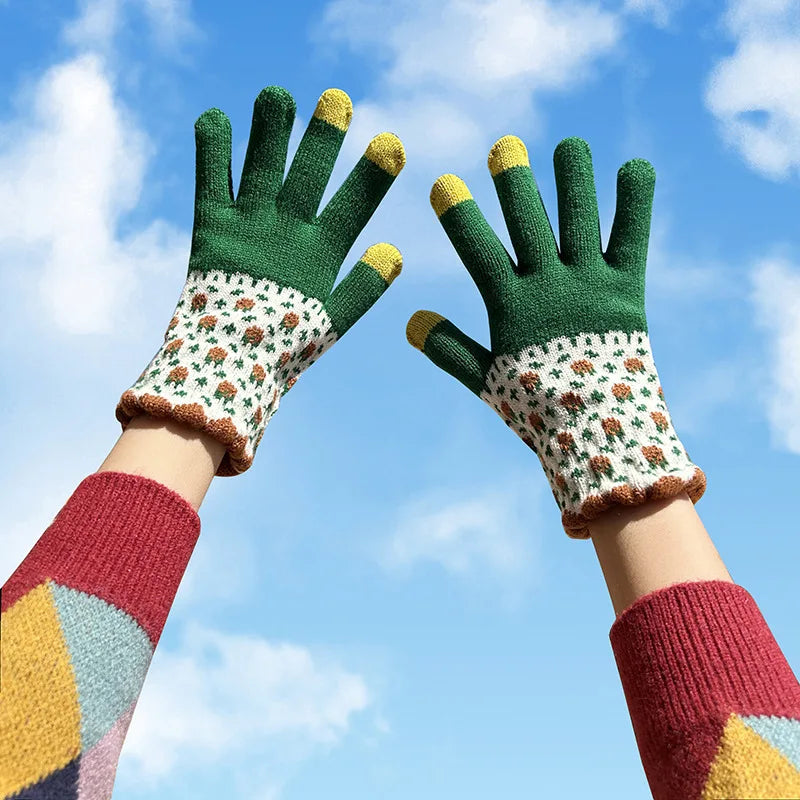 Warm Flower Knitted Touchscreen Gloves