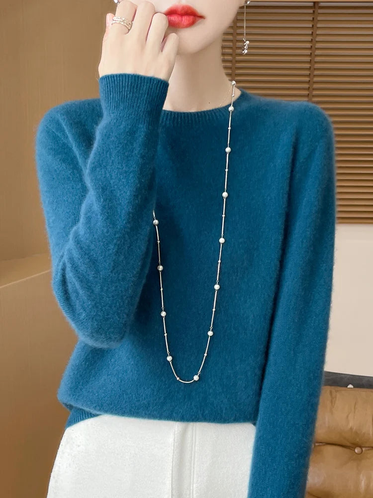 Pull en cachemire tricoté brodé à col rond pour femme