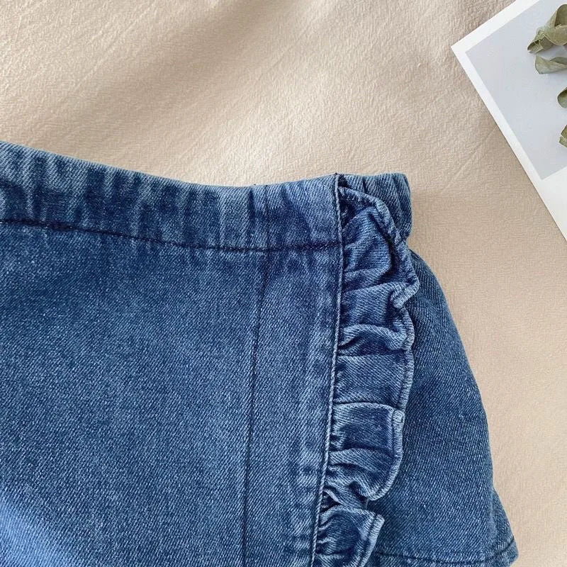 Kid's Lace Halter Seleveless Elastic Waist Denim Shorts Set