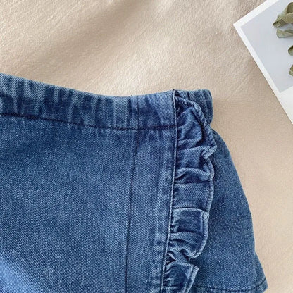 Kid's Lace Halter Seleveless Elastic Waist Denim Shorts Set