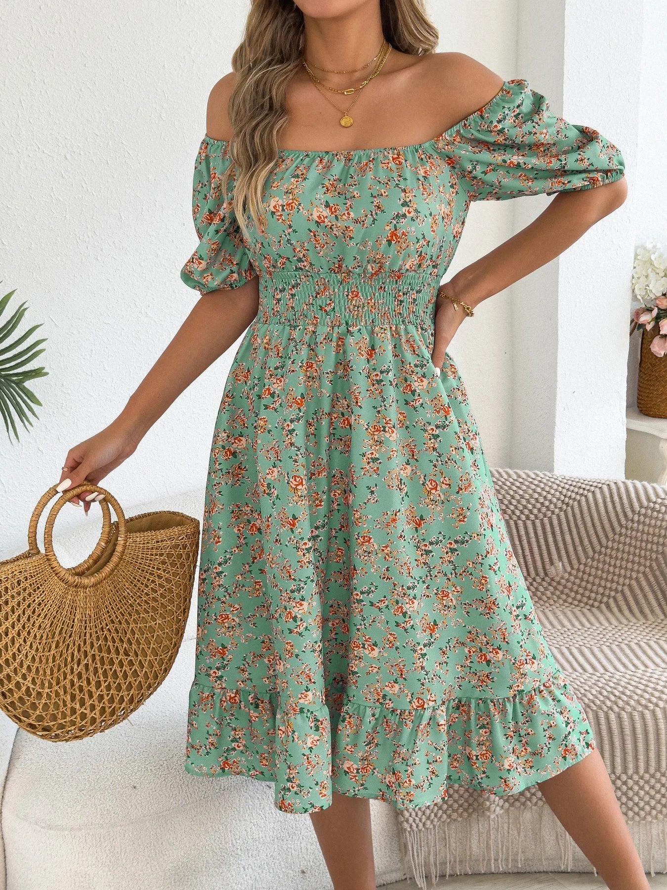 Women's Short Sleeve Floral Print Square Neck Ruffled Edge Dresses