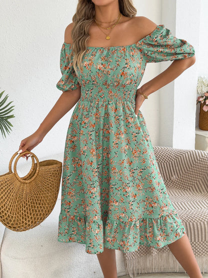 Women's Short Sleeve Floral Print Square Neck Ruffled Edge Dresses