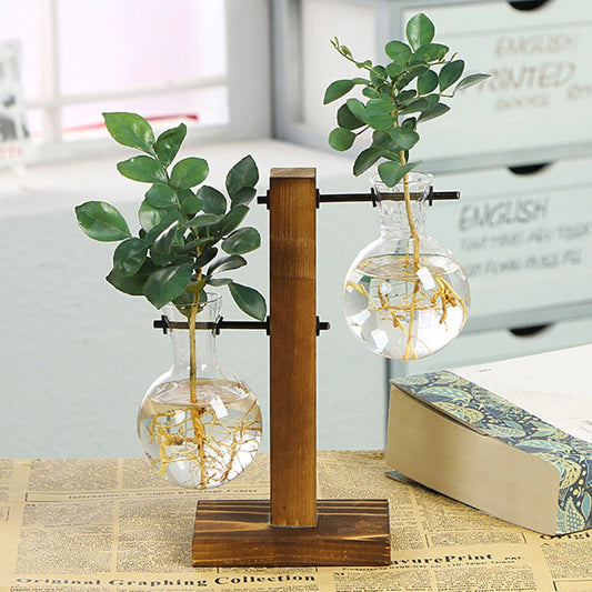 Glass Planter Bulb Vase Wooden Stand Tabletop