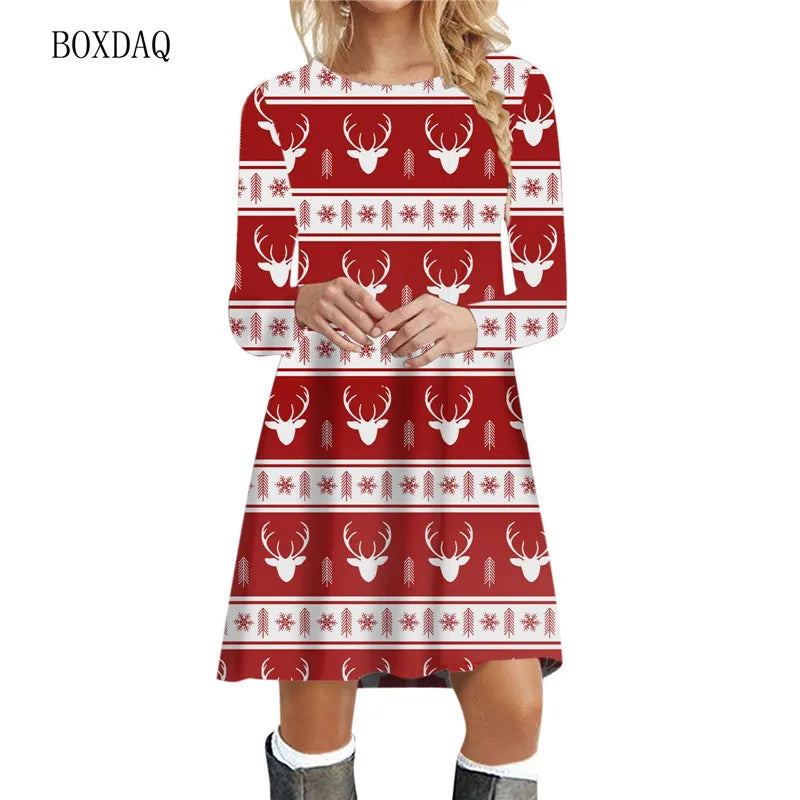 Snowflake Print Long Sleeve Mini Dress