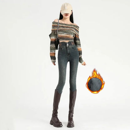 Jean en denim polaire taille haute pour femme