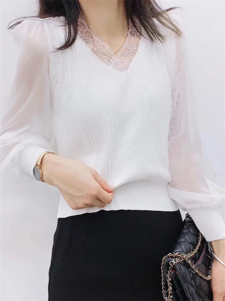 Chemisier décontracté à manches longues en dentelle pour femme