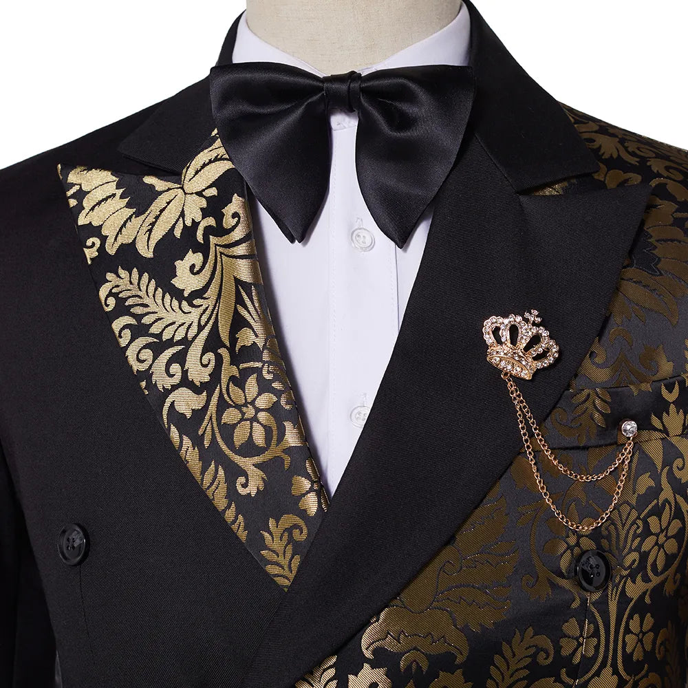 Men's Double Breasted Black Gold Jacquard Wedding Suits