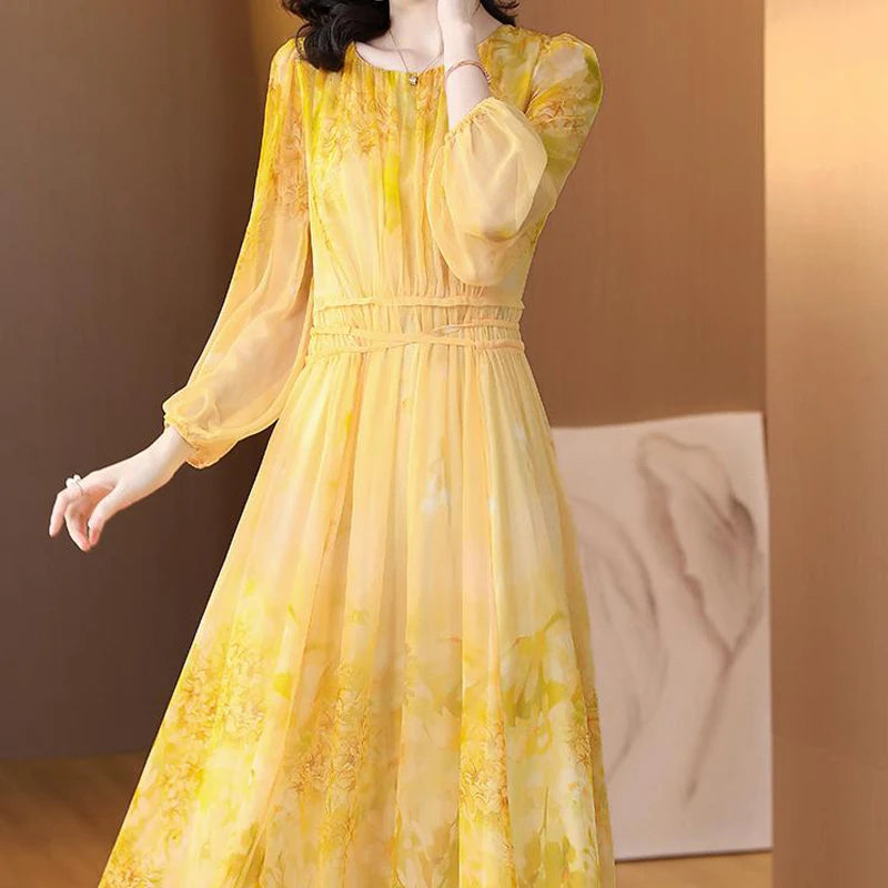 Women's Floral Silk Long Sleeve Bodycon Maxi Prom Dress