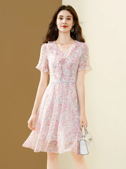 Floral Chiffon V-Neck A-line Dress