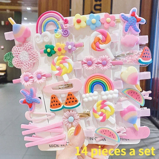 14-teiliges Haarspangen-Set für Mädchen mit Regenbogen, Früchten und Cartoon-Motiven