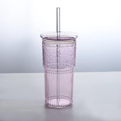 Gobelet en verre rayé de 600 ml avec thé - Couvercle et paille