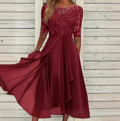 Robe trapèze à manches courtes et col rond en dentelle florale pour femme