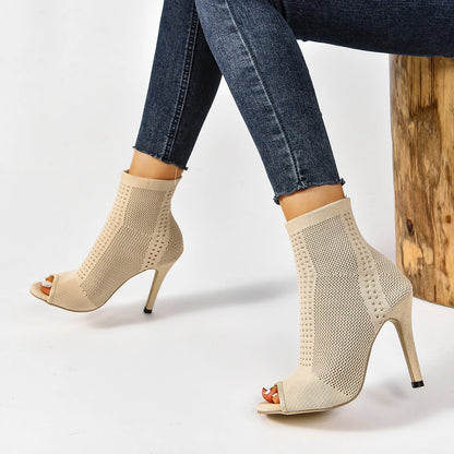 Peep Toe Stretch Knit Ankle Boots