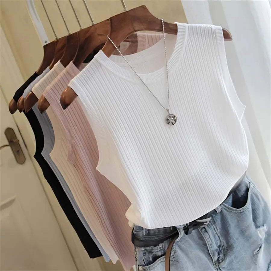 Sleeveless O-neck Knitted Summer Women's Blouse