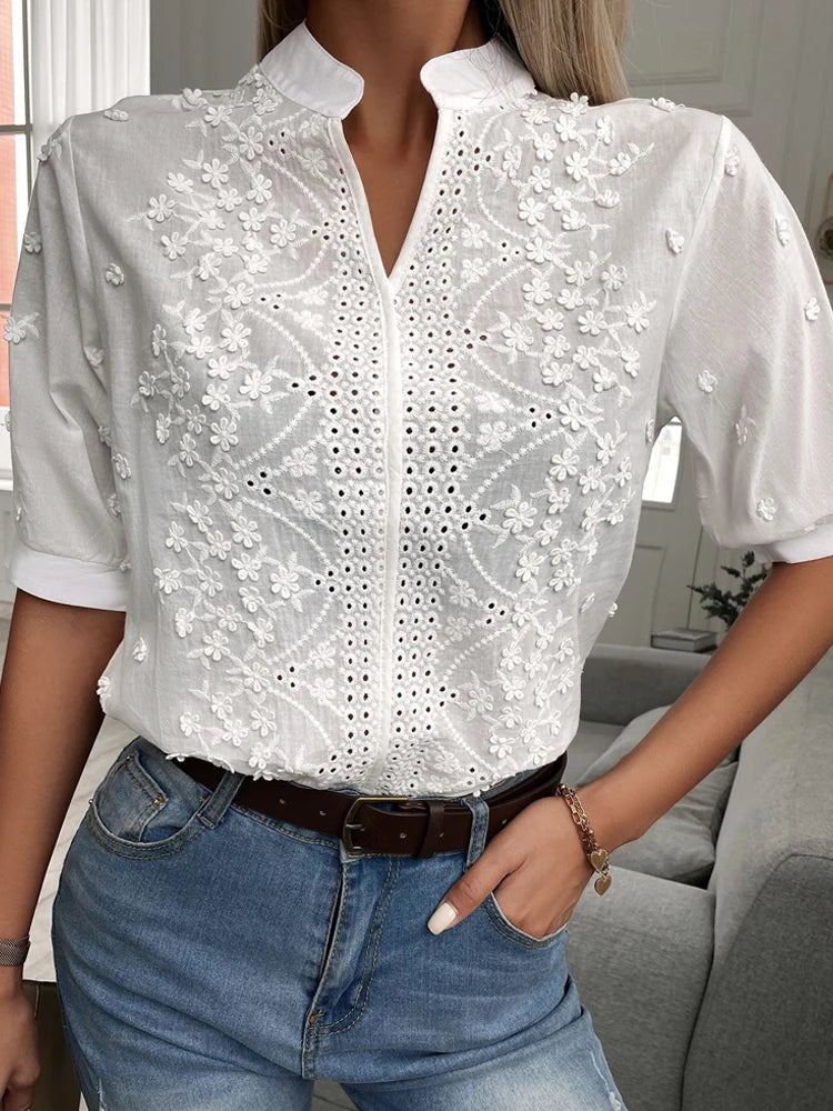 Summer Embroidery Lace V Neck Short Sleeve Tops