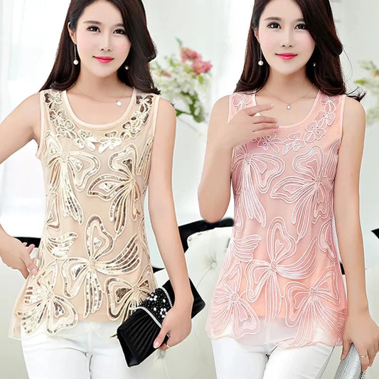 Lace Chiffon Sleeveless Summer Blouse