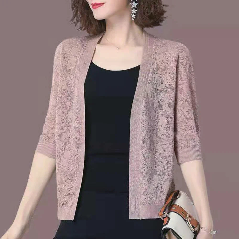 Veste cardigan d'été en tricot à manches mi-longues et dentelle