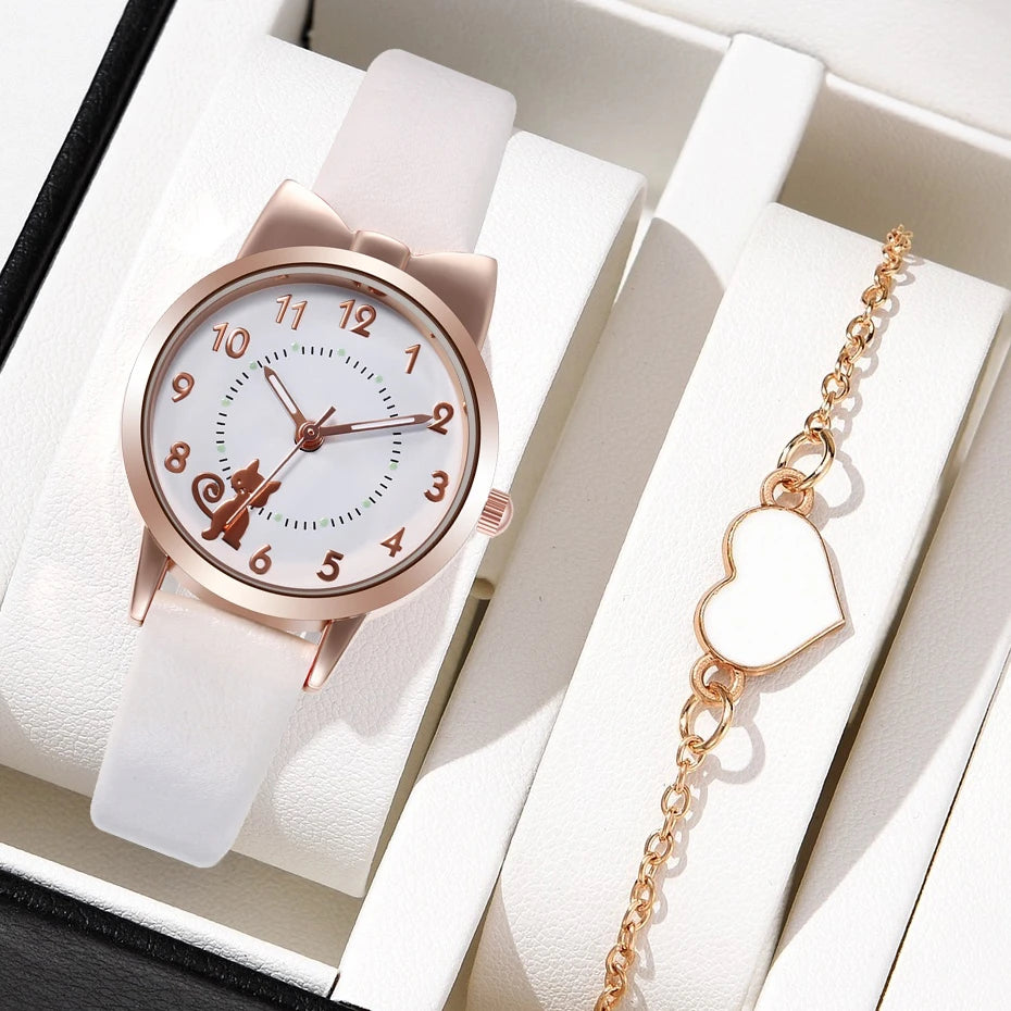 Women's PU Leather Strap Cute Cartoon Quartz Watches Jewlery Set