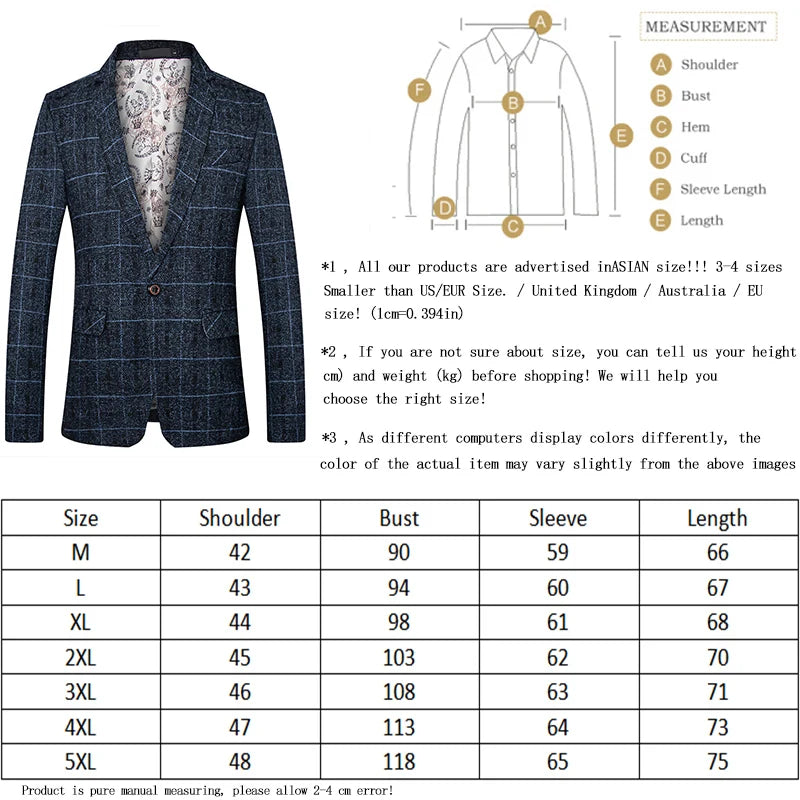 Blazer de costume décontracté à carreaux printemps/automne pour hommes