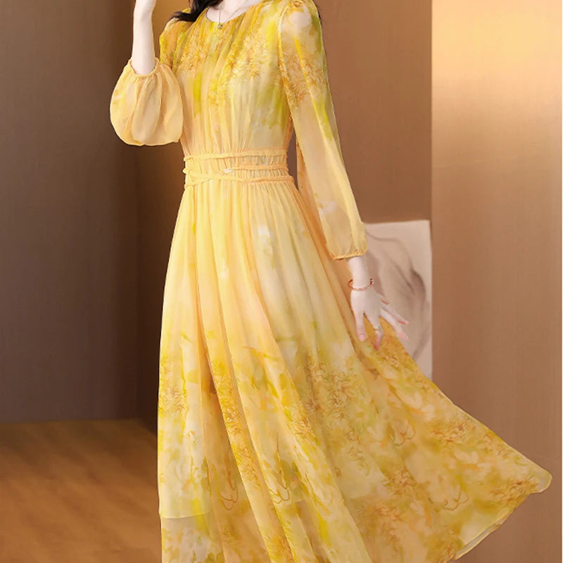 Women's Floral Silk Long Sleeve Bodycon Maxi Prom Dress