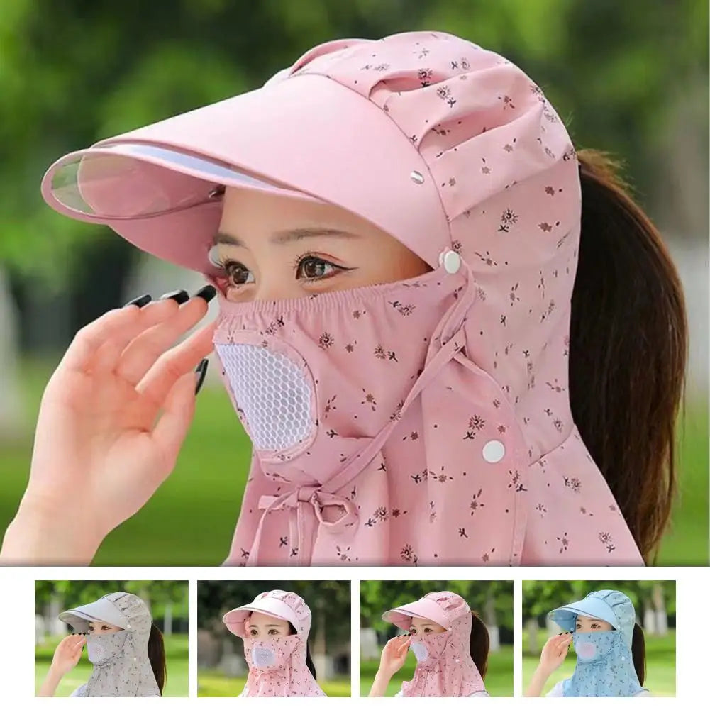 Women Flower Printed UV Protect Face Neck Cover Sun Hat